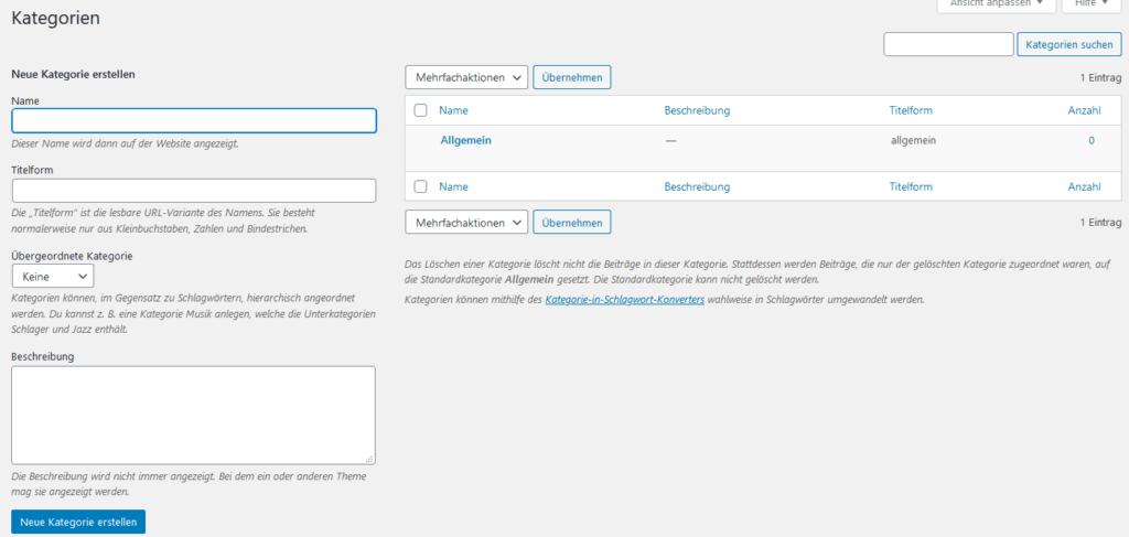 WordPress Einstellungen - Kategorien anlegen