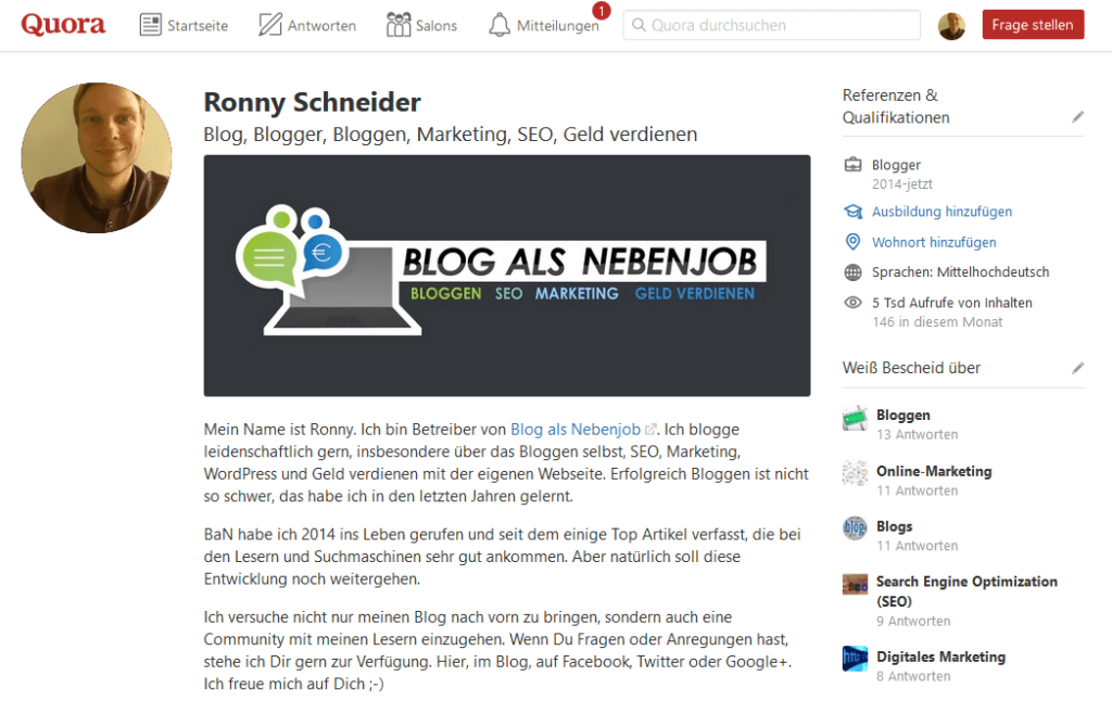 Fragen und Antworten Portale - Mein Profil auf Quora