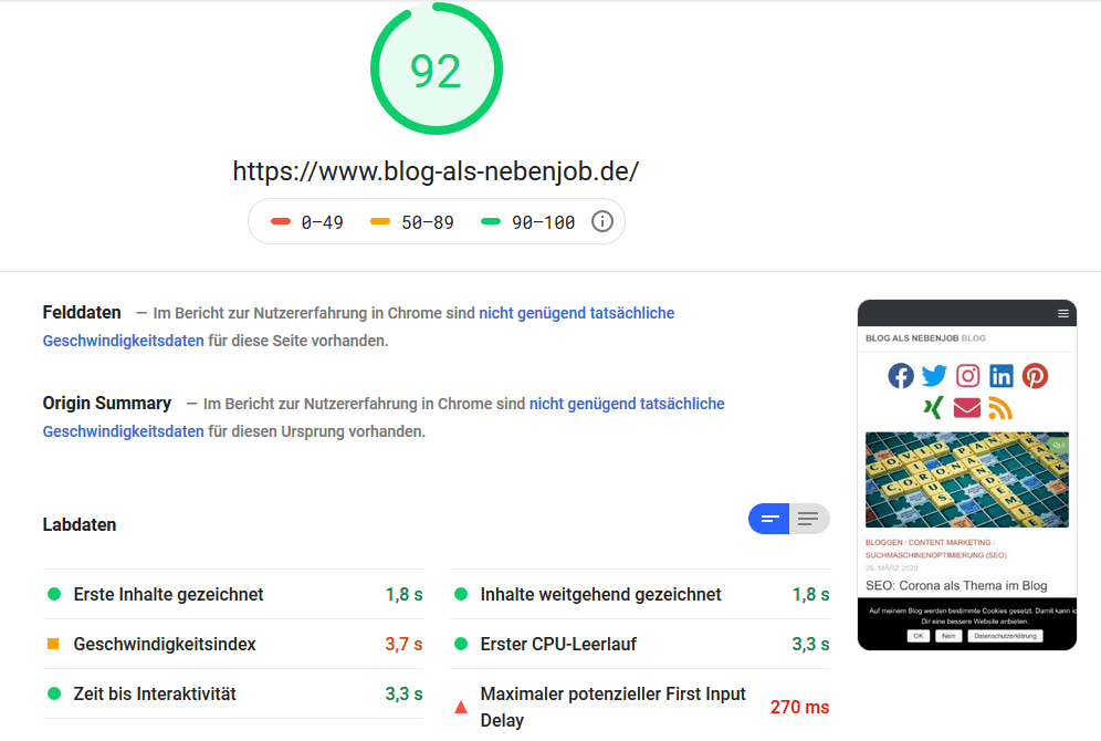 Page Speed Test - 92 Punkte mobil