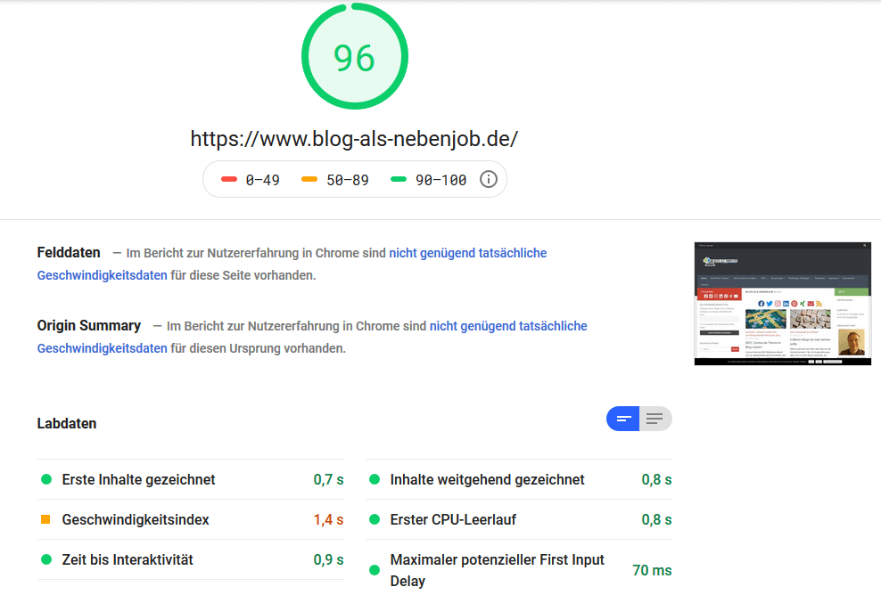 Page Speed Test - 96 Punkte Desktop