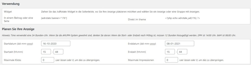 AdRotate Anzeige erstellen Zeitplanung
