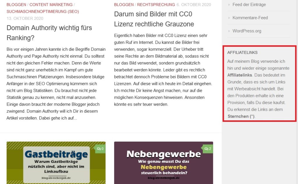 Affiliate Link Kennzeichnung Hinweis Sidebar