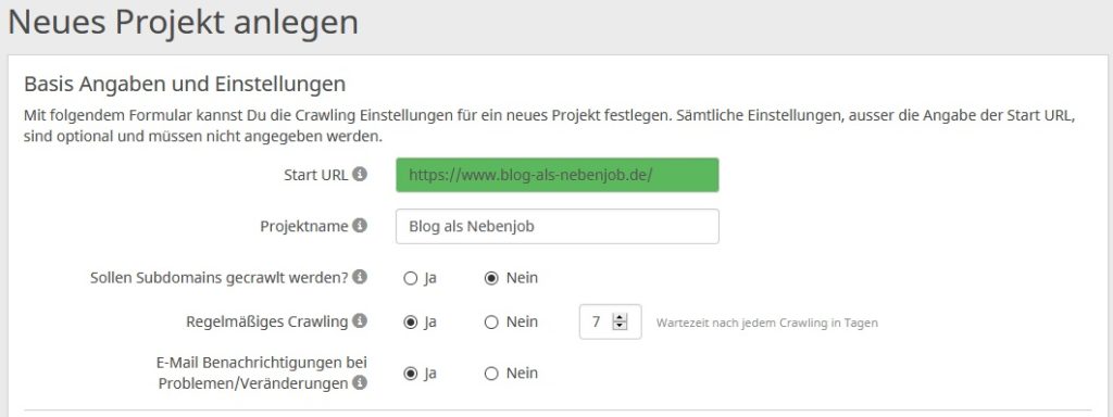 seobility Neues Projekt anlegen Basis Angaben