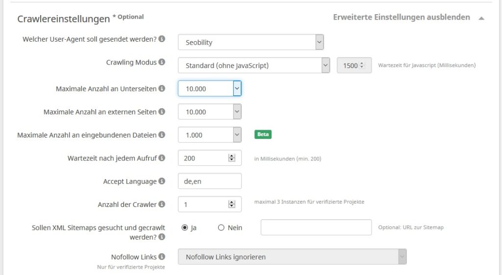 seobility Neues Projekt anlegen Crawlingeinstellungen