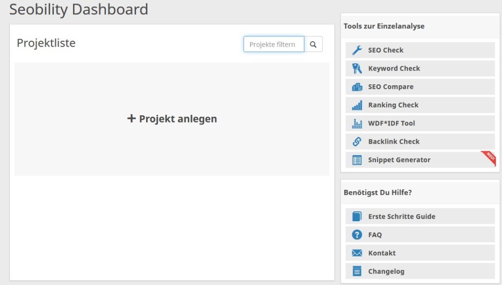 seobility dashboard keine Projekte angelegt