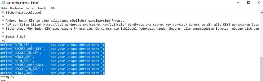 wpconfig Sicherheitsschlüssel