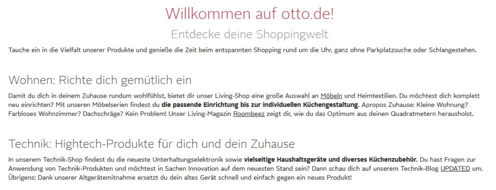SEO Texte bzw. Textausschnitte bei Otto