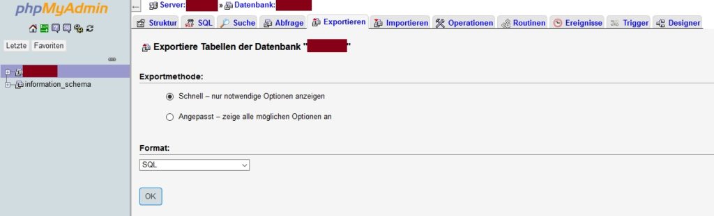 WordPress Backups erstellen PHPmyAdmin Export