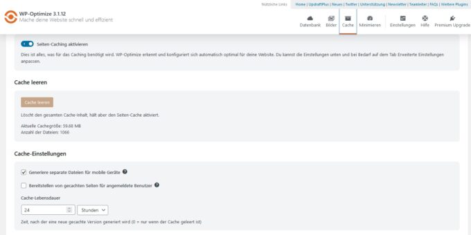 WP Optimize Caching Einstellungen