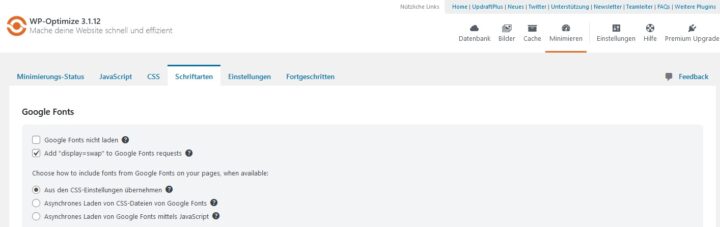 WP Optimize Font Einstellungen