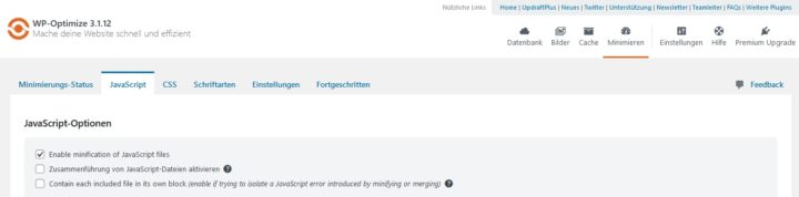 WP Optimize JavaScript Einstellungen