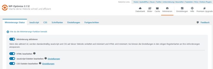 WP-Optimize Minimierung Einstellungen