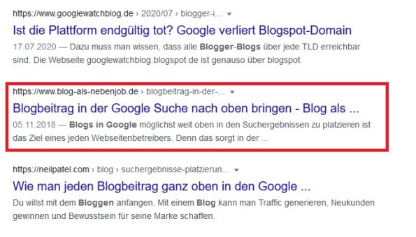 Mein Blogbeitrag in der Google Suche