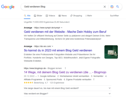 Geld verdienen Blog Google Anfrage